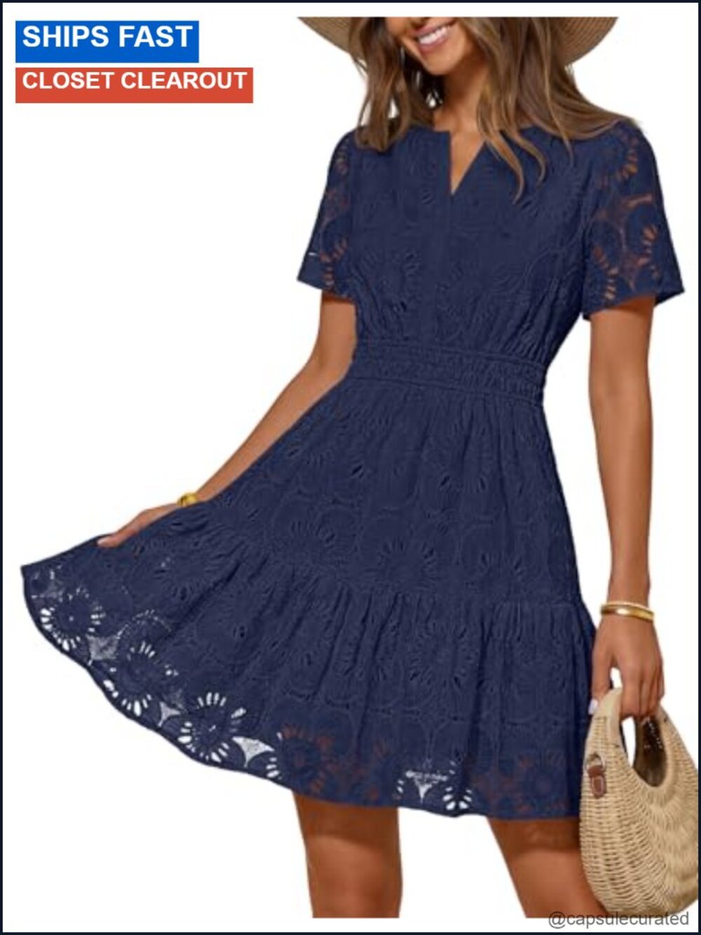 Women's Eyelet Lace Floral Mini Dress Puff Sleeve V-Neck A-Line Summer